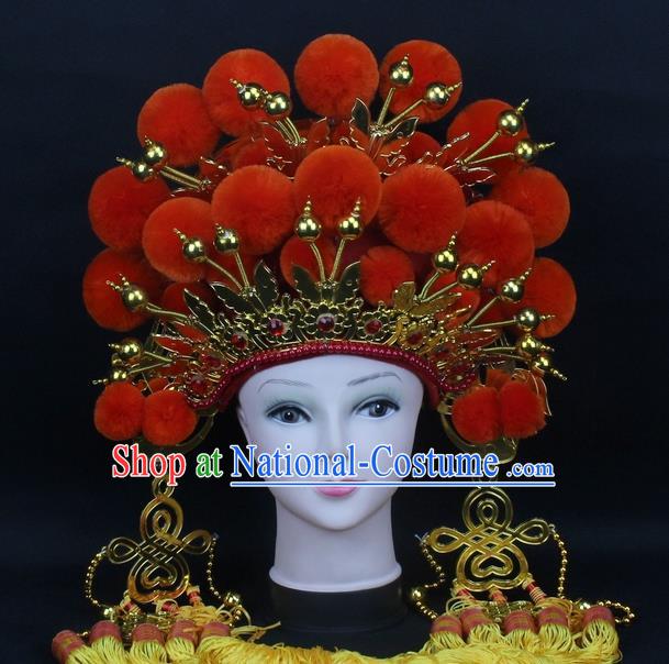 Traditional China Beijing Opera Young Lady Hair Accessories Female General Helmet, Ancient Chinese Peking Opera Swordplay Orange Venonat Headwear