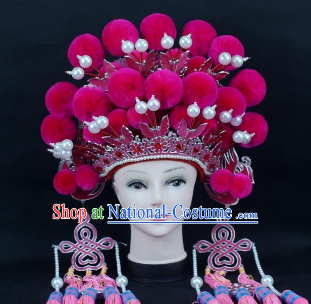 Traditional China Beijing Opera Young Lady Hair Accessories Female General Helmet, Ancient Chinese Peking Opera Swordplay Rosy Venonat Headwear