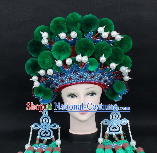 Traditional China Beijing Opera Young Lady Hair Accessories Female General Helmet, Ancient Chinese Peking Opera Swordplay Green Venonat Headwear