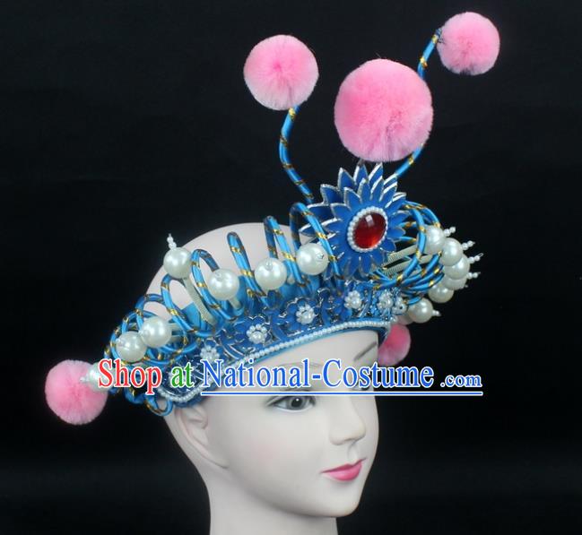 Traditional China Beijing Opera Swordplay Hair Accessories Pearls Hat, Ancient Chinese Peking Opera Blues Headwear