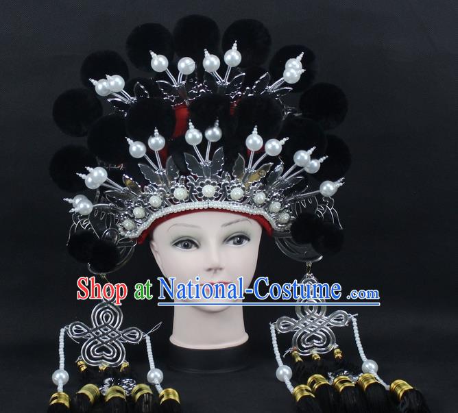 Traditional China Beijing Opera Young Lady Hair Accessories Female General Helmet, Ancient Chinese Peking Opera Swordplay Black Venonat Headwear