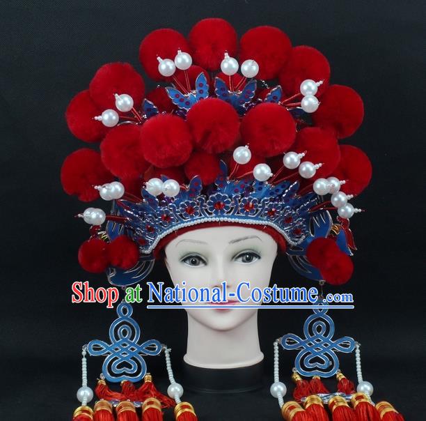 Traditional China Beijing Opera Young Lady Hair Accessories Female General Helmet, Ancient Chinese Peking Opera Swordplay Red Venonat Headwear