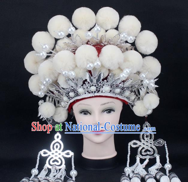 Traditional China Beijing Opera Young Lady Hair Accessories Female General Helmet, Ancient Chinese Peking Opera Swordplay White Venonat Headwear