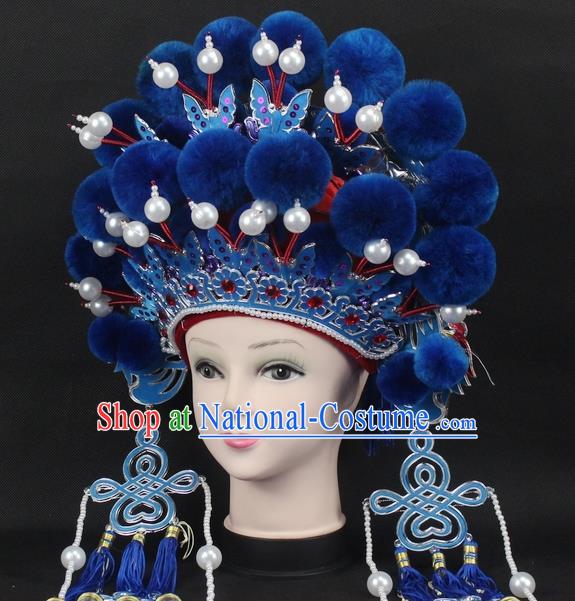 Traditional China Beijing Opera Young Lady Hair Accessories Female General Helmet, Ancient Chinese Peking Opera Swordplay Blue Venonat Headwear