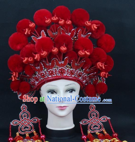 Traditional China Beijing Opera Young Lady Hair Accessories Female General Helmet, Ancient Chinese Peking Opera Swordplay Red Venonat Headwear