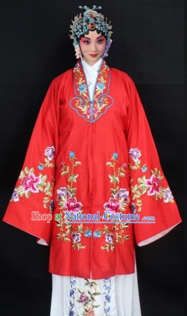 Traditional China Beijing Opera Young Lady Hua Tan Costume Red Embroidered Cape, Ancient Chinese Peking Opera Female Diva Embroidery Peony Dress Clothing