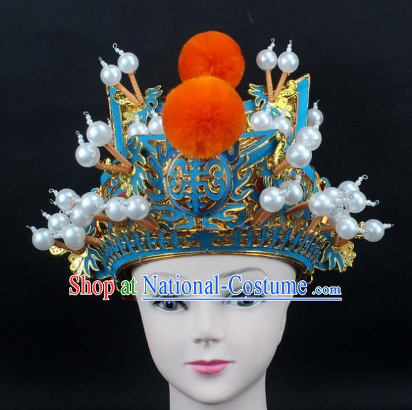 Traditional China Beijing Opera Hair Accessories Orange Venonat General Hat, Ancient Chinese Peking Opera Takefu Helmet Pearls Headwear