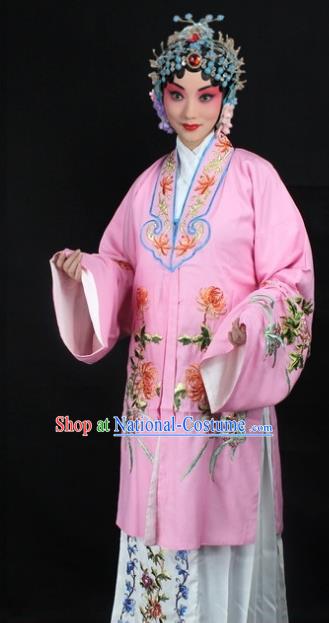 Traditional China Beijing Opera Young Lady Hua Tan Costume Pink Embroidered Cape, Ancient Chinese Peking Opera Female Diva Embroidery Chrysanthemum Dress Clothing