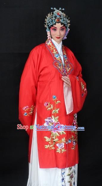 Traditional China Beijing Opera Young Lady Hua Tan Costume Red Embroidered Cape, Ancient Chinese Peking Opera Female Diva Embroidery Peony Dress Clothing