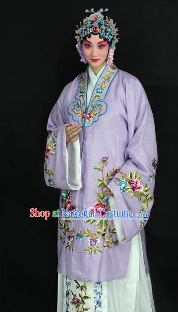 Traditional China Beijing Opera Young Lady Hua Tan Costume Lilac Embroidered Cape, Ancient Chinese Peking Opera Female Diva Embroidery Peony Dress Clothing