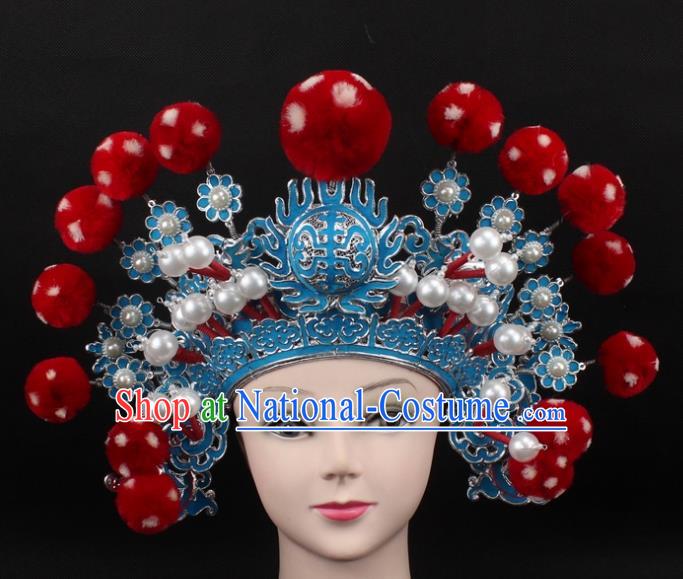 Traditional China Beijing Opera Hair Accessories Red Venonat General Hat, Ancient Chinese Peking Opera Takefu Helmet Headwear