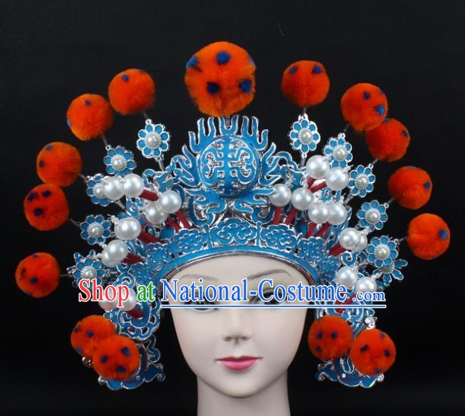 Traditional China Beijing Opera Hair Accessories Orange Venonat General Hat, Ancient Chinese Peking Opera Takefu Helmet Headwear