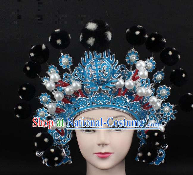 Traditional China Beijing Opera Hair Accessories Black Venonat General Hat, Ancient Chinese Peking Opera Takefu Helmet Headwear