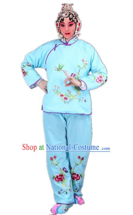 Traditional China Beijing Opera Young Lady Hua Tan Costume Maidservants Embroidered Blue Clothing, Ancient Chinese Peking Opera Diva Embroidery Dress Clothing