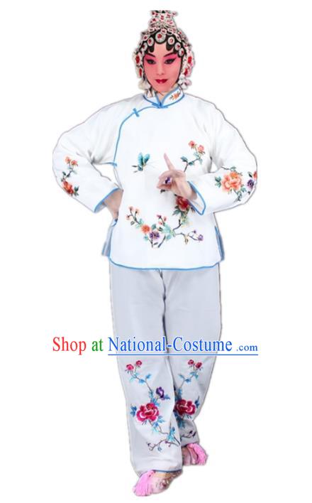 Traditional China Beijing Opera Young Lady Hua Tan Costume Maidservants Embroidered White Clothing, Ancient Chinese Peking Opera Diva Embroidery Dress Clothing