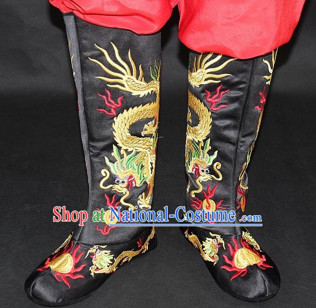 Traditional China Beijing Opera Qing Dynasty Emperor Embroidered Shoes, Ancient Chinese Peking Opera Embroidery Dragons Black Boots