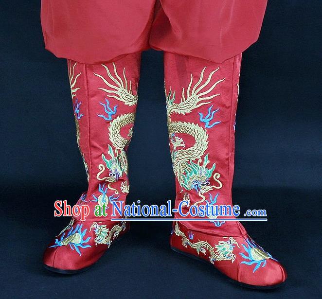 Traditional China Beijing Opera Qing Dynasty Emperor Embroidered Shoes, Ancient Chinese Peking Opera Embroidery Dragons Red Boots