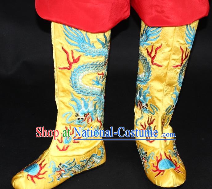 Traditional China Beijing Opera Qing Dynasty Emperor Embroidered Shoes, Ancient Chinese Peking Opera Embroidery Dragons Yellow Boots