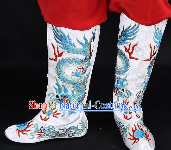 Traditional China Beijing Opera Qing Dynasty Emperor Embroidered Shoes, Ancient Chinese Peking Opera Embroidery Dragons White Boots