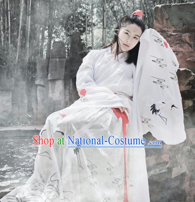 Traditional Chinese Jin Dynasty Young Lady Embroidery Cranes Costume, Elegant Hanfu Clothing Chinese Ancient Princess Dress Clothing for Women