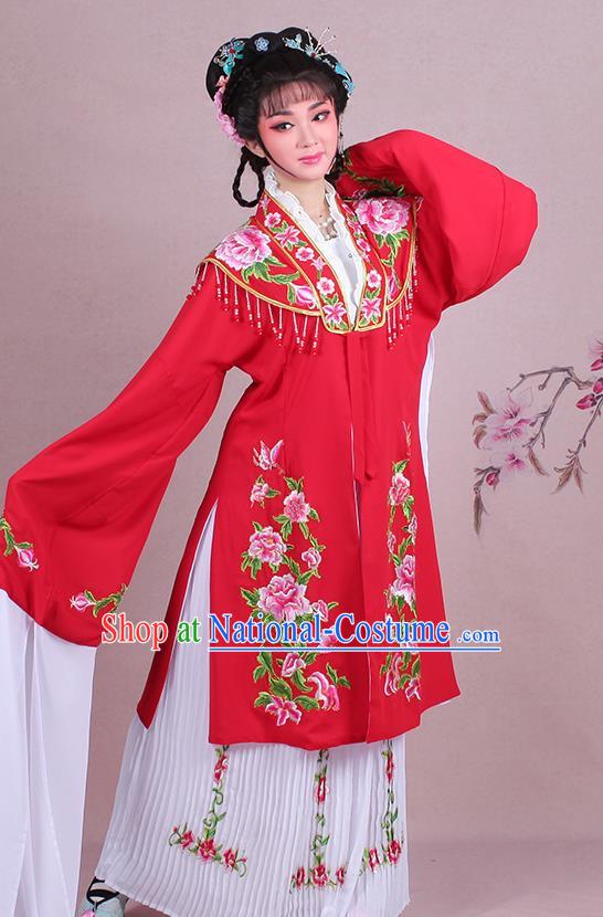 Traditional China Beijing Opera Young Lady Hua Tan Costume Embroidered Red Shawl, Ancient Chinese Peking Opera Diva Embroidery Dress Clothing