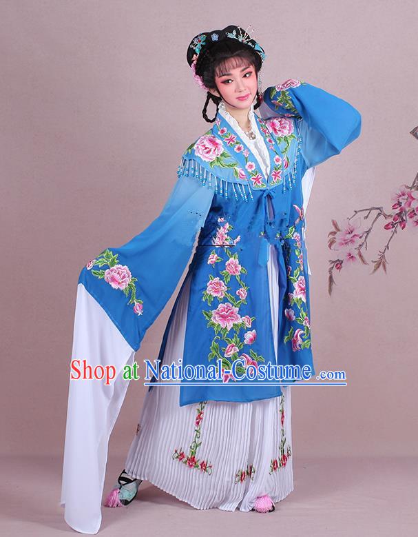 Traditional China Beijing Opera Young Lady Hua Tan Costume Embroidered Blue Shawl, Ancient Chinese Peking Opera Diva Embroidery Dress Clothing