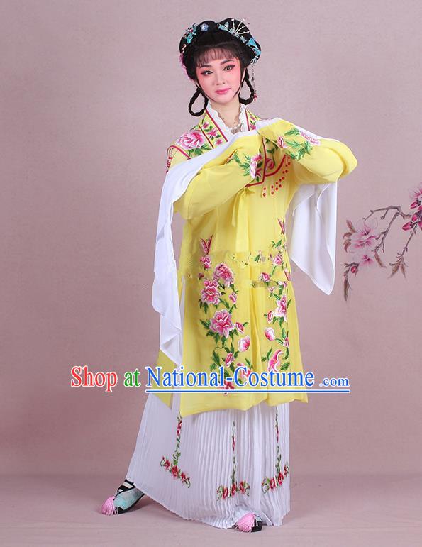 Traditional China Beijing Opera Young Lady Hua Tan Costume Embroidered Yellow Shawl, Ancient Chinese Peking Opera Diva Embroidery Dress Clothing