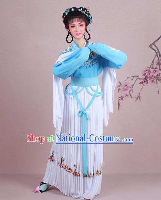 Traditional China Beijing Opera Young Lady Costume A Dream in Red Mansions Maidservants Embroidered Blue Dress, Ancient Chinese Peking Opera Hua Tan Embroidery Clothing