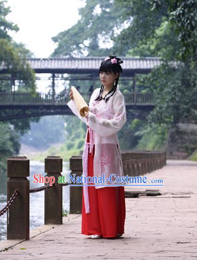 Traditional Chinese Song Dynasty Young Lady Costume Blouse and Pants, China Ancient Hanfu Dress Palace Princess Embroidery Clothing for Women