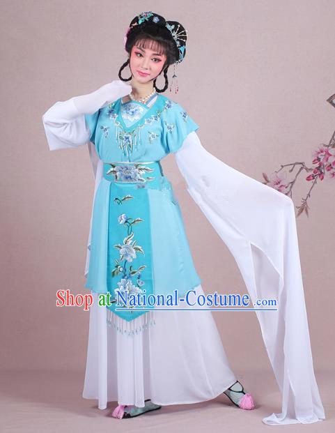 Traditional China Beijing Opera Young Lady Costume Embroidered Blue Servant Girl Dress, Ancient Chinese Peking Opera Diva Embroidery Peony Clothing