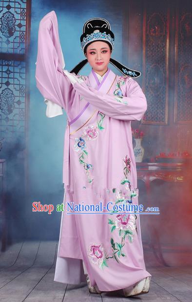 Traditional China Beijing Opera Niche Costume Gifted Scholar Purple Embroidered Robe and Hat, Ancient Chinese Peking Opera Young Men Embroidery Peony Clothing