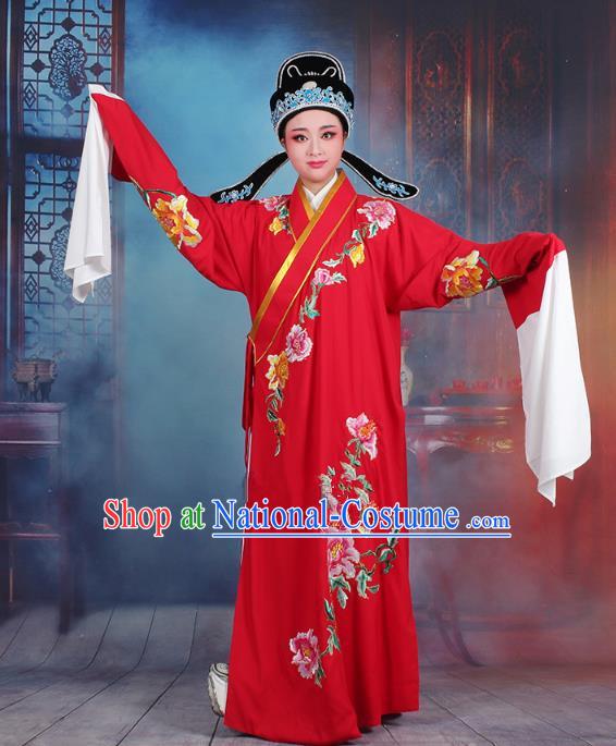 Traditional China Beijing Opera Niche Costume Gifted Scholar Red Embroidered Robe and Hat, Ancient Chinese Peking Opera Young Men Embroidery Peony Clothing