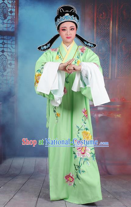 Traditional China Beijing Opera Niche Costume Gifted Scholar Green Embroidered Robe and Hat, Ancient Chinese Peking Opera Young Men Embroidery Peony Clothing