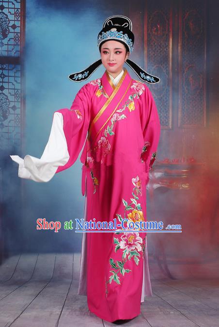 Traditional China Beijing Opera Niche Costume Gifted Scholar Rosy Embroidered Robe and Hat, Ancient Chinese Peking Opera Young Men Embroidery Peony Clothing