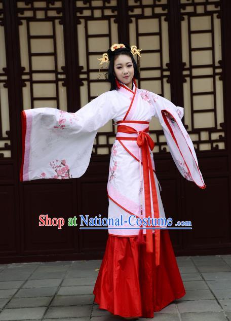 Traditional Chinese Han Dynasty Imperial Princess Curve Bottom Costume, China Ancient Hanfu Dress Palace Lady Hand Painting Plum Blossom Clothing for Women