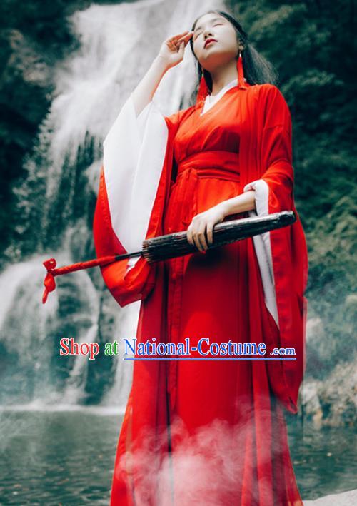 Traditional Chinese Han Dynasty Chivalrous Woman Costume, Elegant Hanfu Clothing Chinese Ancient Swordswoman Red Dress Clothing