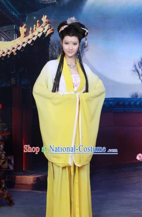 Traditional Chinese Tang Dynasty Imperial Princess Costume, Elegant Hanfu Clothing Chinese Ancient Palace Lady Fairy Yellow Dress Clothing