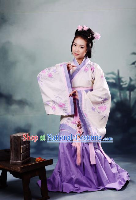 Traditional Chinese Han Dynasty Imperial Princess Peri Purple Curve Bottom Costume, China Ancient Hanfu Dress Palace Lady Hand Painting Clothing for Women