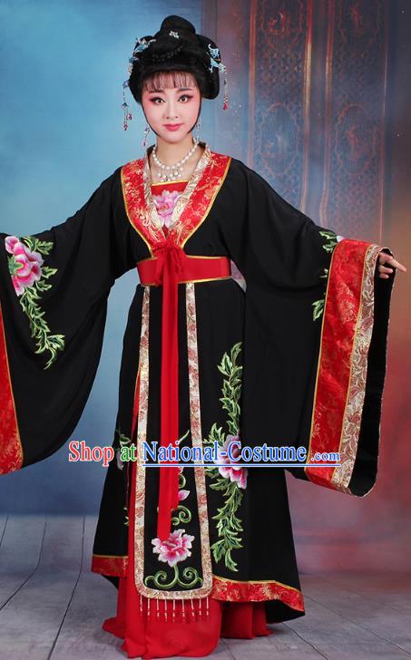 Traditional China Beijing Opera Young Lady Hua Tan Costume Black Embroidered Dress, Ancient Chinese Peking Opera Diva Senior Concubine Embroidery Peony Clothing