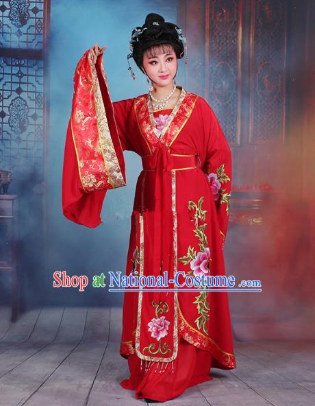 Traditional China Beijing Opera Young Lady Hua Tan Costume Red Embroidered Dress, Ancient Chinese Peking Opera Diva Senior Concubine Embroidery Peony Clothing