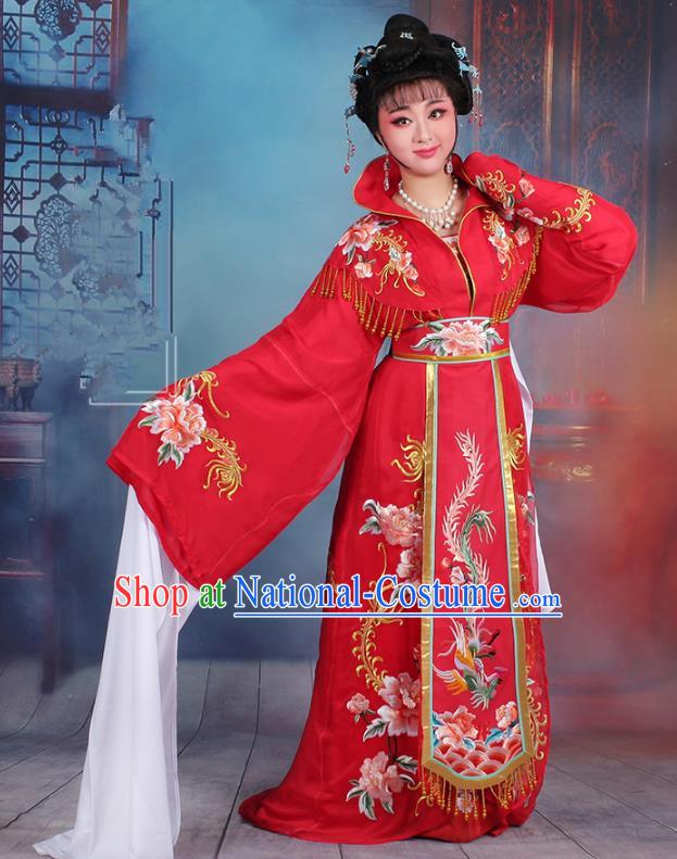 Traditional China Beijing Opera Palace Lady Hua Tan Costume Red Embroidered Dress, Ancient Chinese Peking Opera Diva Senior Concubine Embroidery Peony Clothing