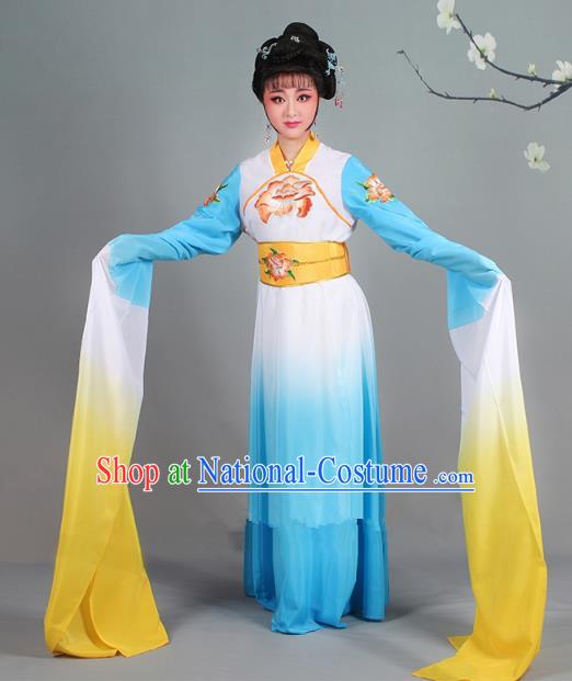 Traditional China Beijing Opera Palace Lady Hua Tan Costume Gradient Blue Water Sleeve Dress, Ancient Chinese Peking Opera Diva Senior Concubine Embroidery Clothing