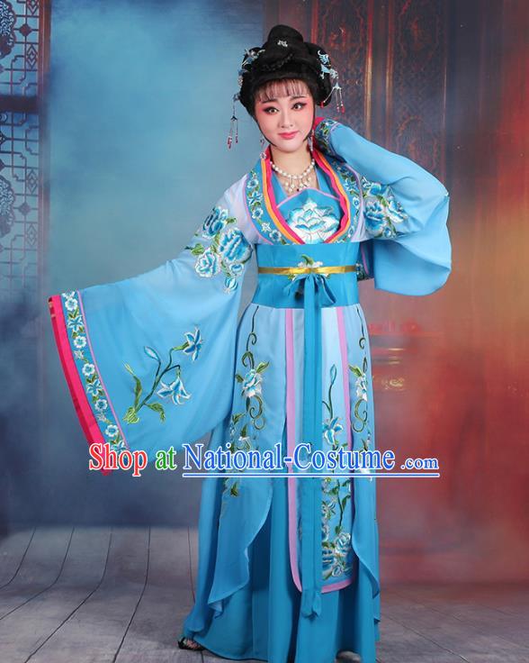 Traditional China Beijing Opera Palace Lady Hua Tan Costume Blue Embroidered Dress, Ancient Chinese Peking Opera Diva Princess Embroidery Clothing