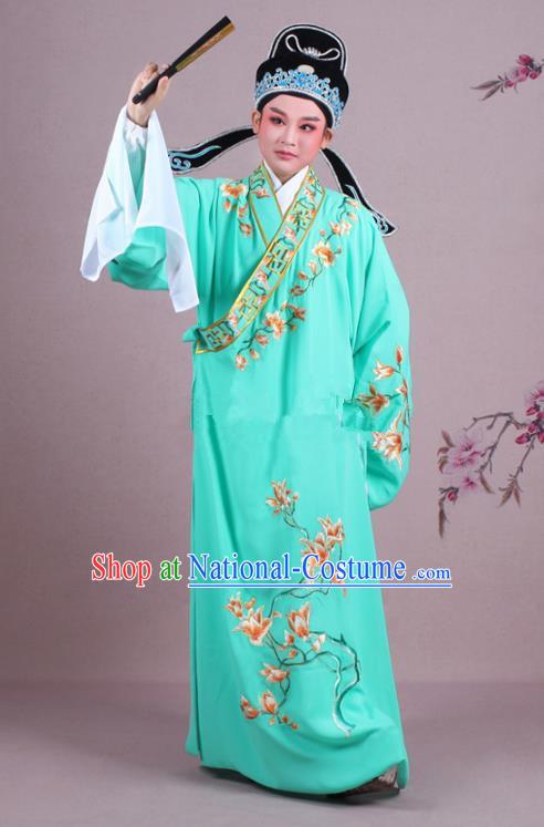 Traditional China Beijing Opera Niche Costume Gifted Scholar Green Embroidered Robe and Hat, Ancient Chinese Peking Opera Young Men Embroidery Mangnolia Clothing