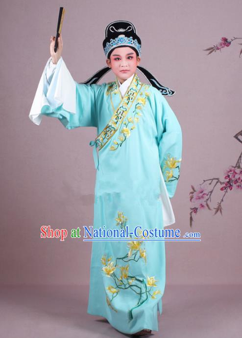 Traditional China Beijing Opera Niche Costume Gifted Scholar Light Blue Embroidered Robe and Hat, Ancient Chinese Peking Opera Young Men Embroidery Mangnolia Clothing