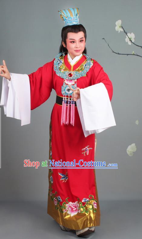 Traditional China Beijing Opera Niche Costume Gifted Scholar Jia Baoyu Red Embroidered Robe and Hat, Ancient Chinese Peking Opera Young Men Embroidery Peony Clothing