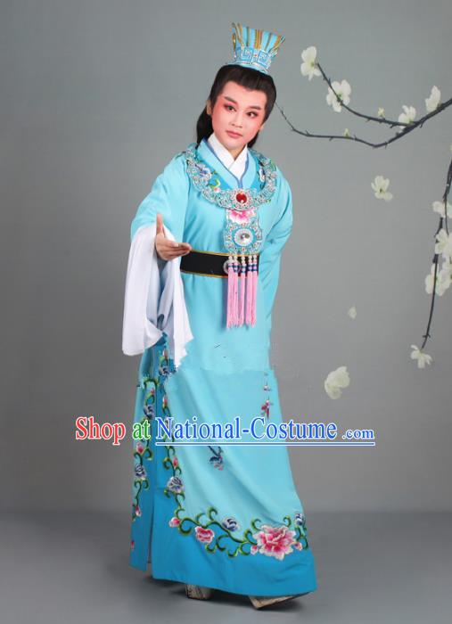 Traditional China Beijing Opera Niche Costume Gifted Scholar Jia Baoyu Blue Embroidered Robe and Hat, Ancient Chinese Peking Opera Young Men Embroidery Peony Clothing