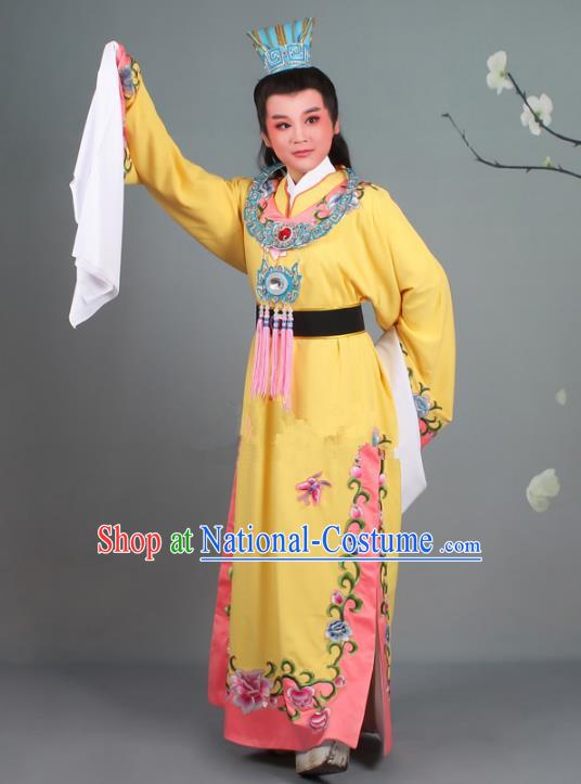 Traditional China Beijing Opera Niche Costume Gifted Scholar Jia Baoyu Yellow Embroidered Robe and Hat, Ancient Chinese Peking Opera Young Men Embroidery Peony Clothing