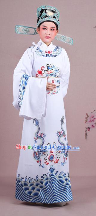 Traditional China Beijing Opera Niche Costume Lang Scholar White Embroidered Robe and Hat, Ancient Chinese Peking Opera Magistrate Embroidery Dragons Gwanbok Clothing