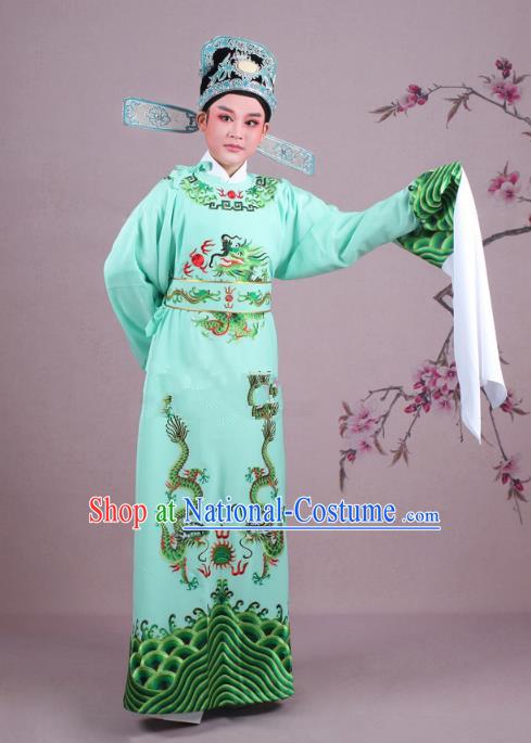 Traditional China Beijing Opera Niche Costume Lang Scholar Green Embroidered Robe and Hat, Ancient Chinese Peking Opera Magistrate Embroidery Dragons Gwanbok Clothing